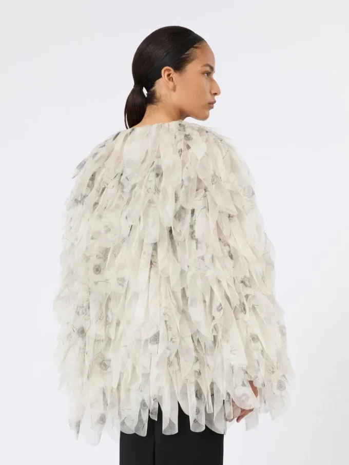Abrigo corto con pétalos de organza estampada, gris perla Abrigo corto con pétalos de organza estampada, gris perla