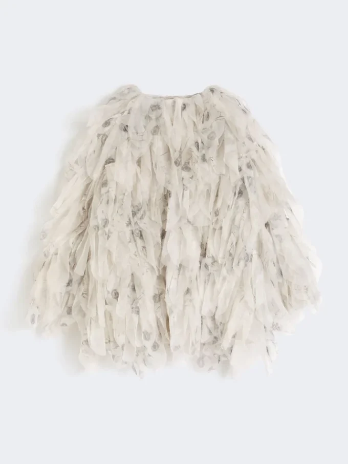 Abrigo corto con pétalos de organza estampada, gris perla Abrigo corto con pétalos de organza estampada, gris perla