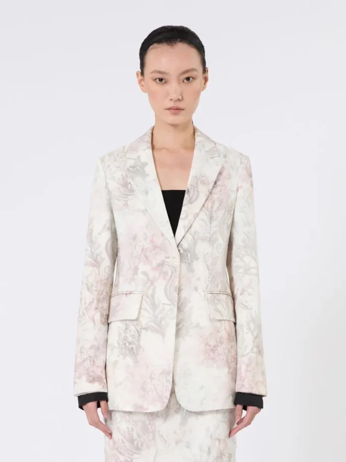 Blazer de corte entallado en organza estampada y gabardina, blanco Blazer de corte entallado en organza estampada y gabardina, blanco