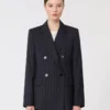 Blazer de lana a rayas finas de doble botonadura, azul marino