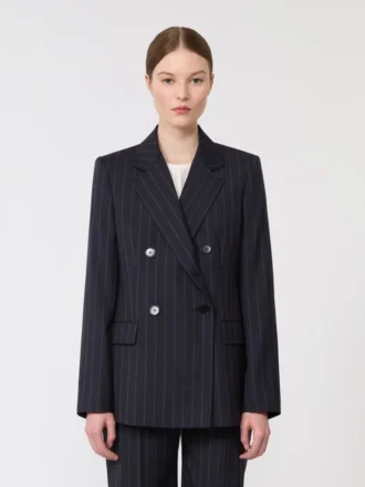 Blazer de lana a rayas finas de doble botonadura, azul marino Blazer de lana a rayas finas de doble botonadura, azul marino
