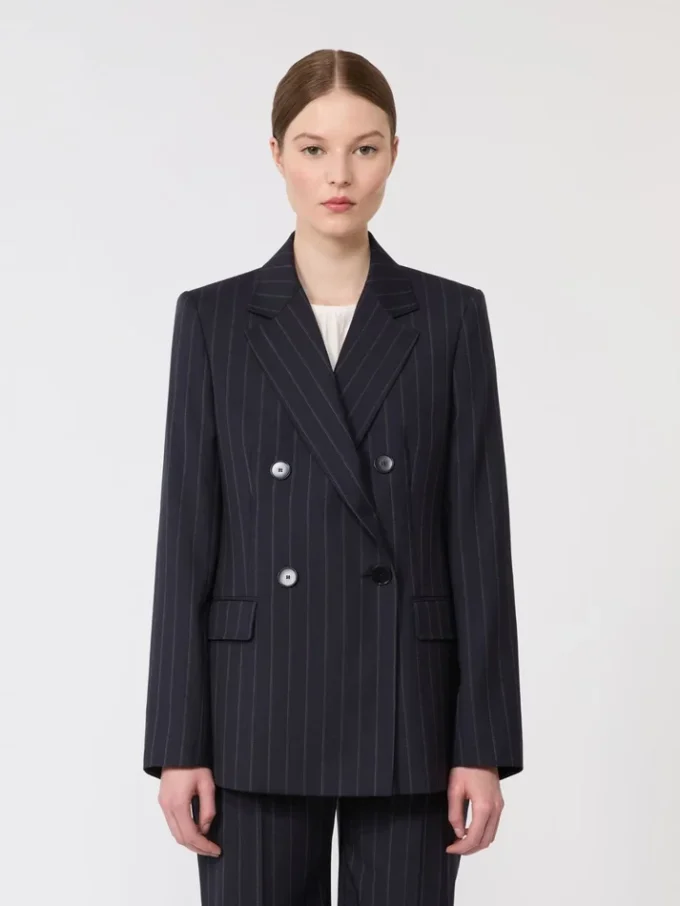 Blazer de lana a rayas finas de doble botonadura, azul marino
