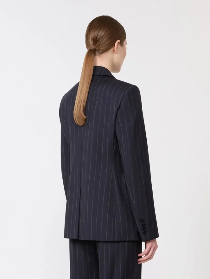 Blazer de lana a rayas finas de doble botonadura, azul marino