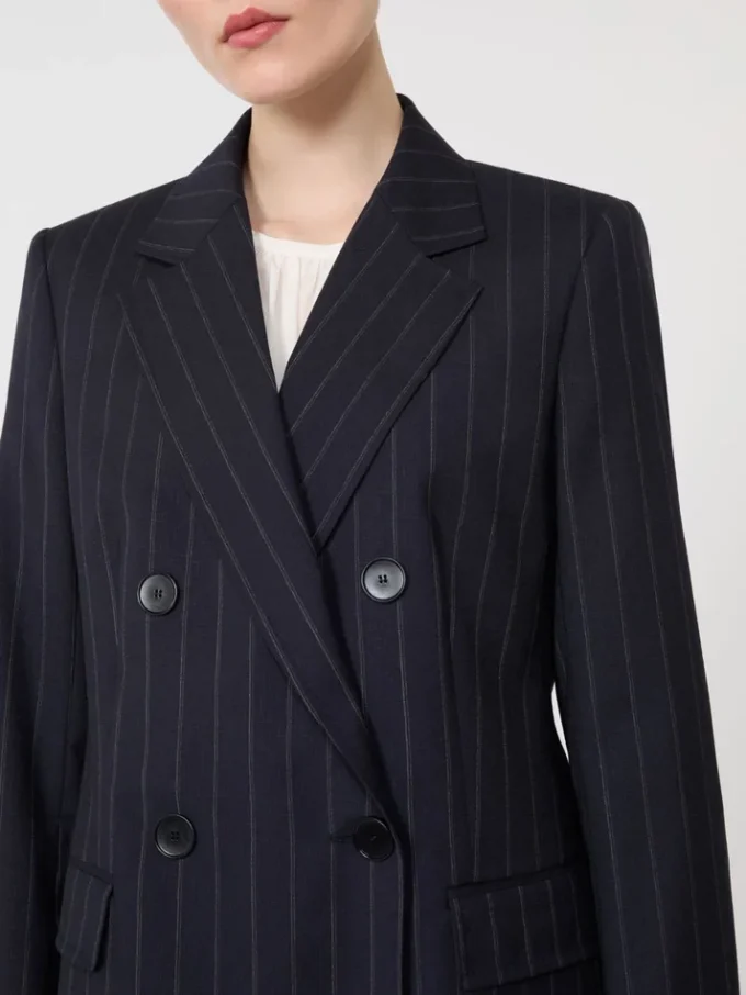 Blazer de lana a rayas finas de doble botonadura, azul marino