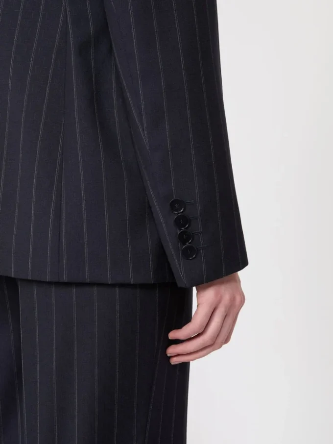 Blazer de lana a rayas finas de doble botonadura, azul marino