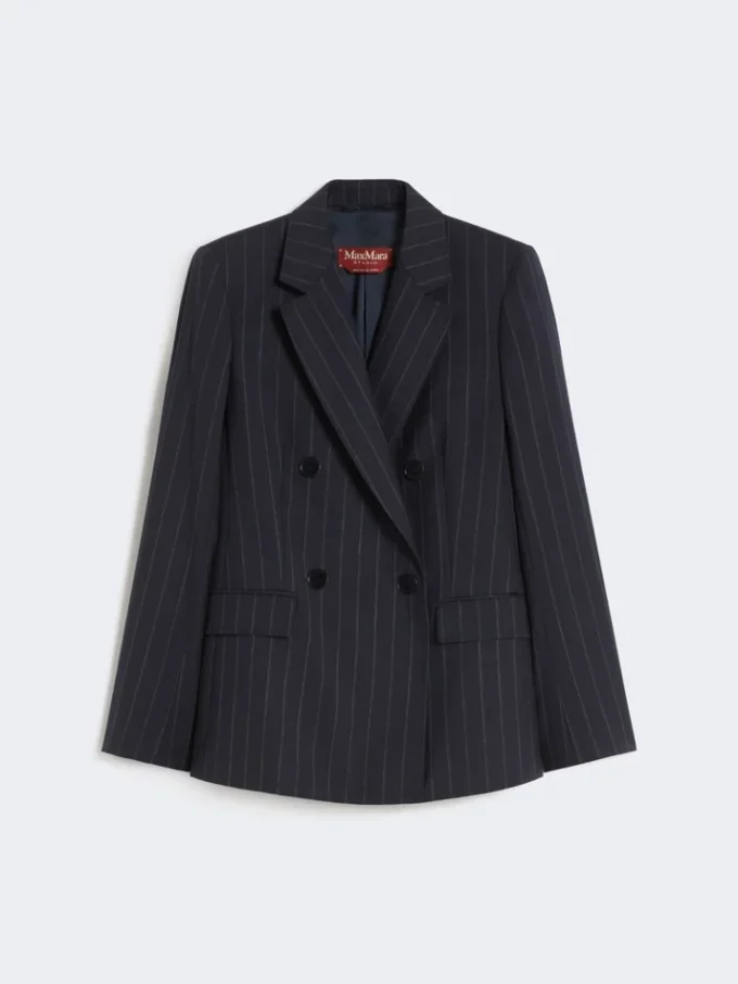 Blazer de lana a rayas finas de doble botonadura, azul marino