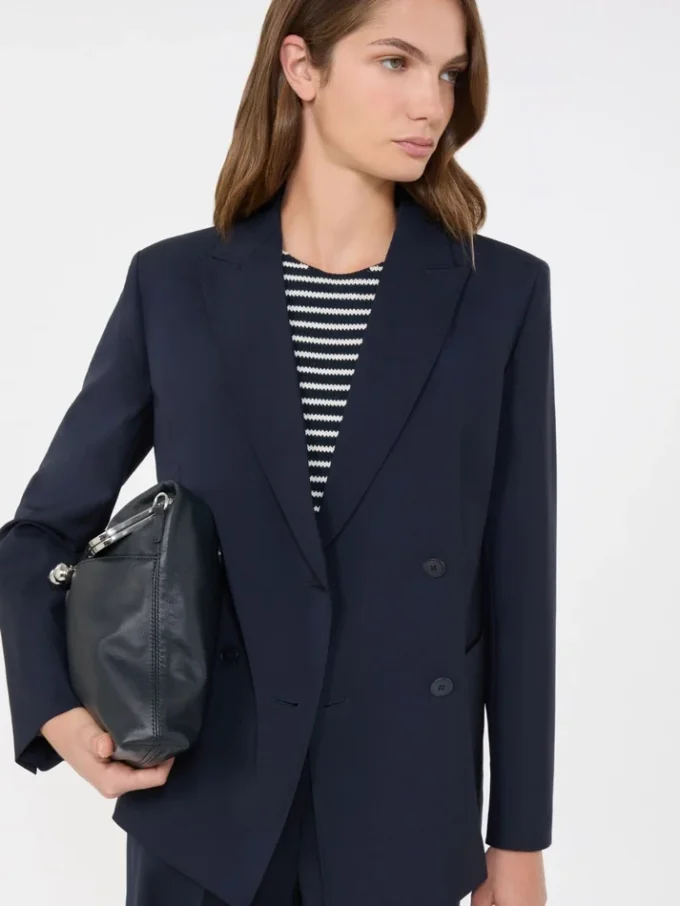 Blazer de lana elástica de doble botonadura, azul marino Blazer de lana elástica de doble botonadura, azul marino