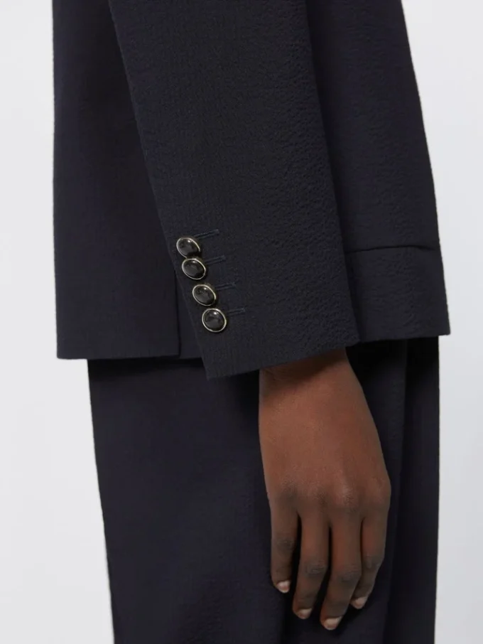 Blazer de mezcla de lana con efecto seersucker, azul ultramar