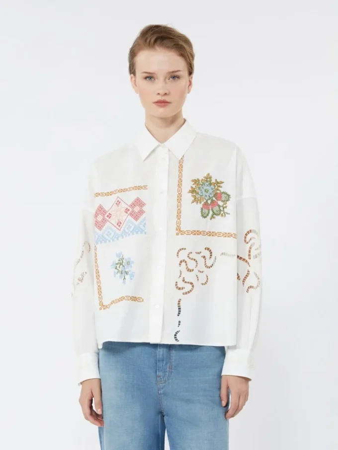 Blusa de algodón con encaje y bordados, blanca Blusa de algodón con encaje y bordados, blanca
