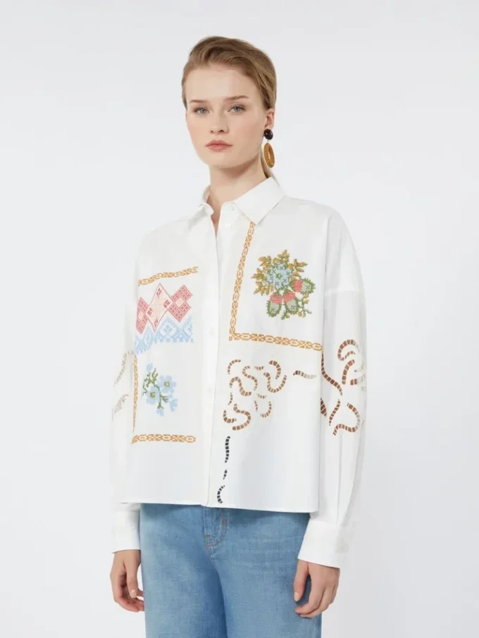 Blusa de algodón con encaje y bordados, blanca Blusa de algodón con encaje y bordados, blanca