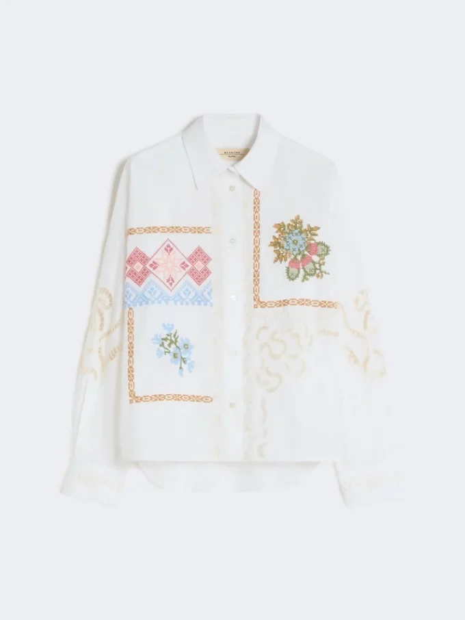 Blusa de algodón con encaje y bordados, blanca Blusa de algodón con encaje y bordados, blanca