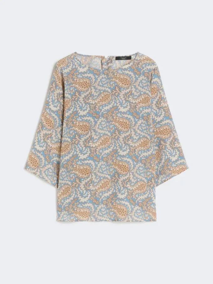 Blusa de crepé de China de seda estampada, azul claro Blusa de crepé de China de seda estampada, azul claro