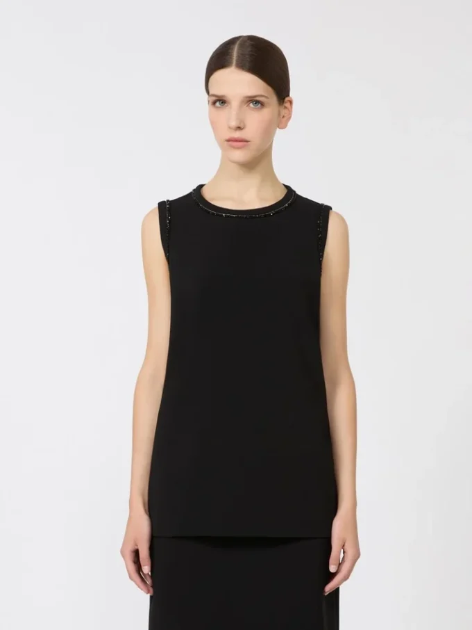 Blusa de cuello redondo de cady, negra