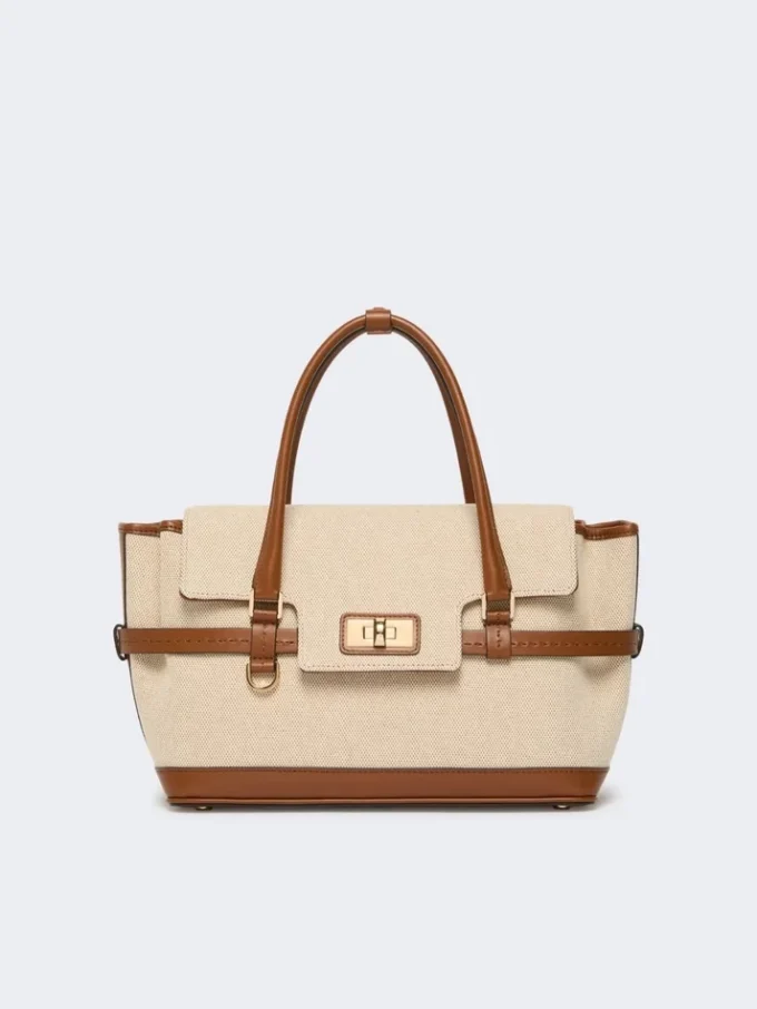 Bolso de mano de lona de algodón y piel, color polvo Bolso de mano de lona de algodón y piel, color polvo