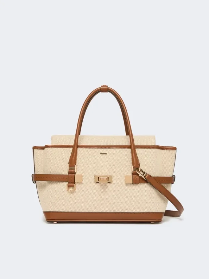 Bolso de mano de lona de algodón y piel, color polvo Bolso de mano de lona de algodón y piel, color polvo