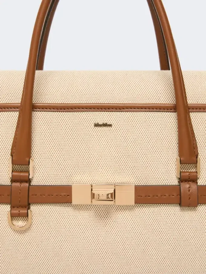 Bolso de mano de lona de algodón y piel, color polvo Bolso de mano de lona de algodón y piel, color polvo