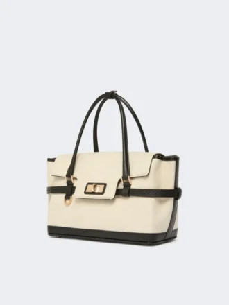 Bolso de mano de lona y piel con diseño en chevron, color hielo