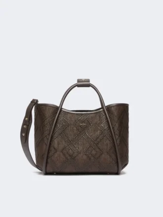 Bolso pequeño de estilo marino con tejido trenzado en forma de rombos, marrón oscuro
