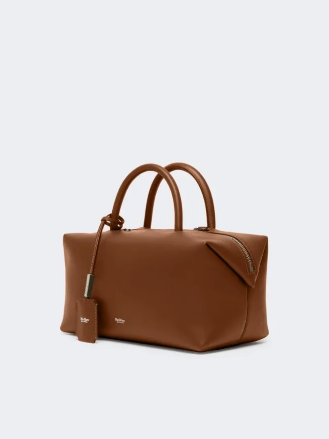Bolso tipo bombín mediano de piel natural, marrón ámbar