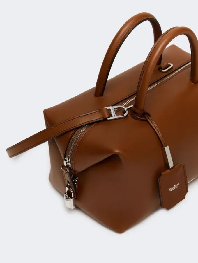 Bolso tipo bombín mediano de piel natural, marrón ámbar