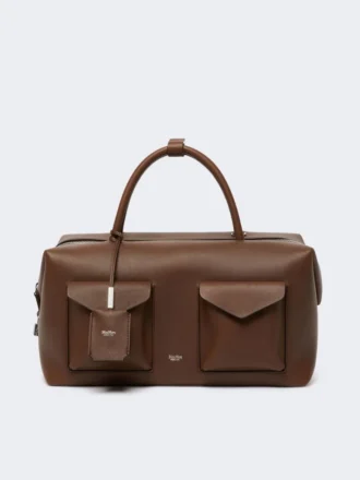 Bolso tipo boston grande de piel con bolsillos, marrón