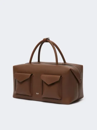 Bolso tipo boston grande de piel con bolsillos, marrón