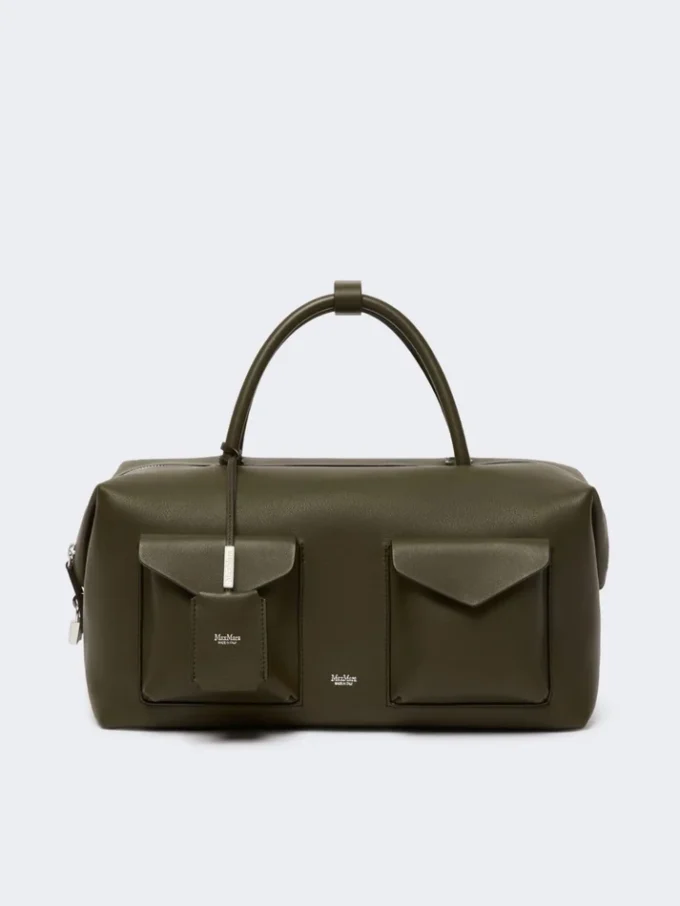 Bolso tipo boston grande de piel con bolsillos, marrón oscuro