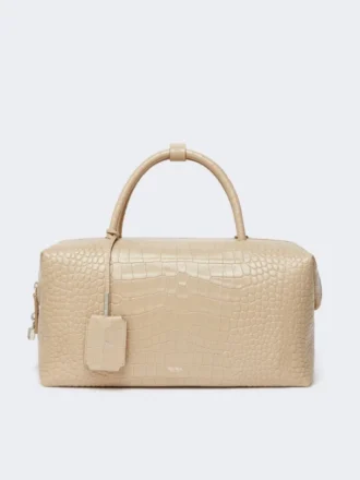 Bolso tipo boston grande de piel con estampado de cocodrilo, color hielo
