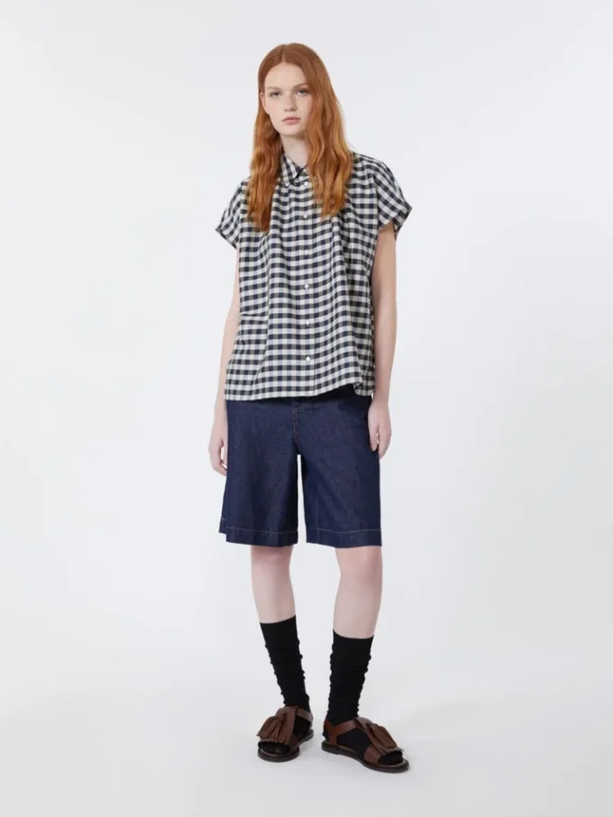 Bermudas de denim de algodón y lino, azul marino