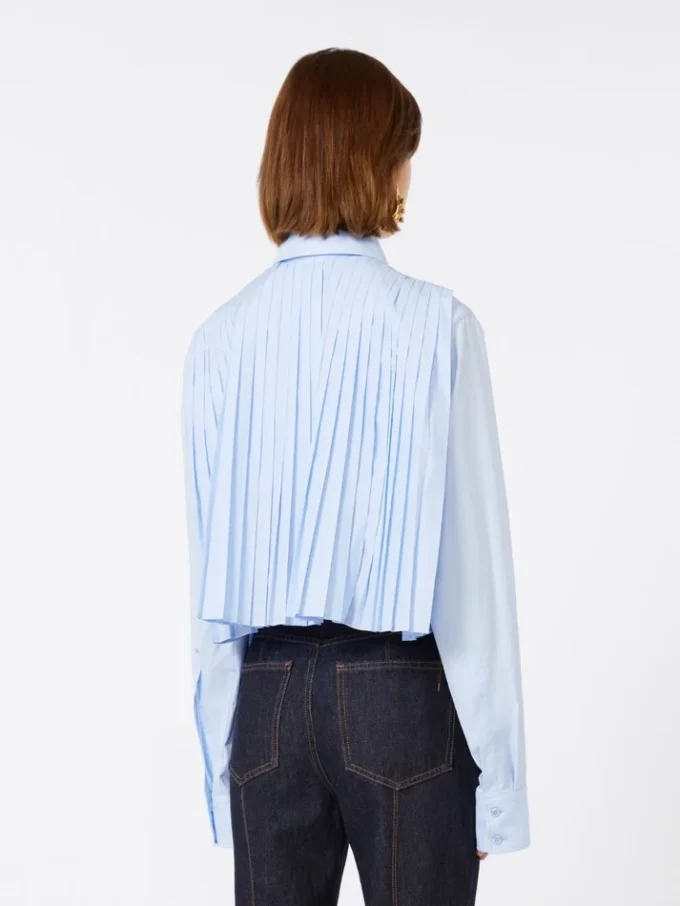 Camisa corta de algodón con pliegues en la espalda, azul claro Camisa corta de algodón con pliegues en la espalda, azul claro