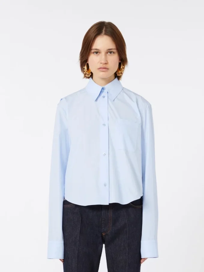 Camisa corta de algodón con pliegues en la espalda, azul claro Camisa corta de algodón con pliegues en la espalda, azul claro