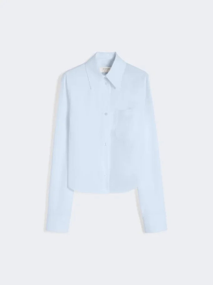 Camisa corta de algodón con pliegues en la espalda, azul claro Camisa corta de algodón con pliegues en la espalda, azul claro