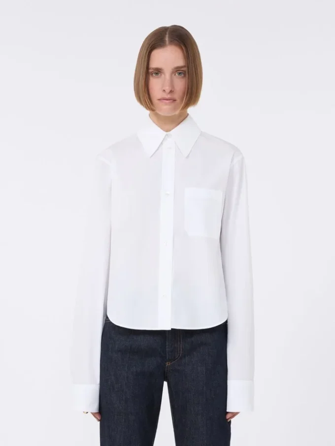 Camisa corta de algodón con pliegues en la espalda, blanco óptico Camisa corta de algodón con pliegues en la espalda, blanco óptico