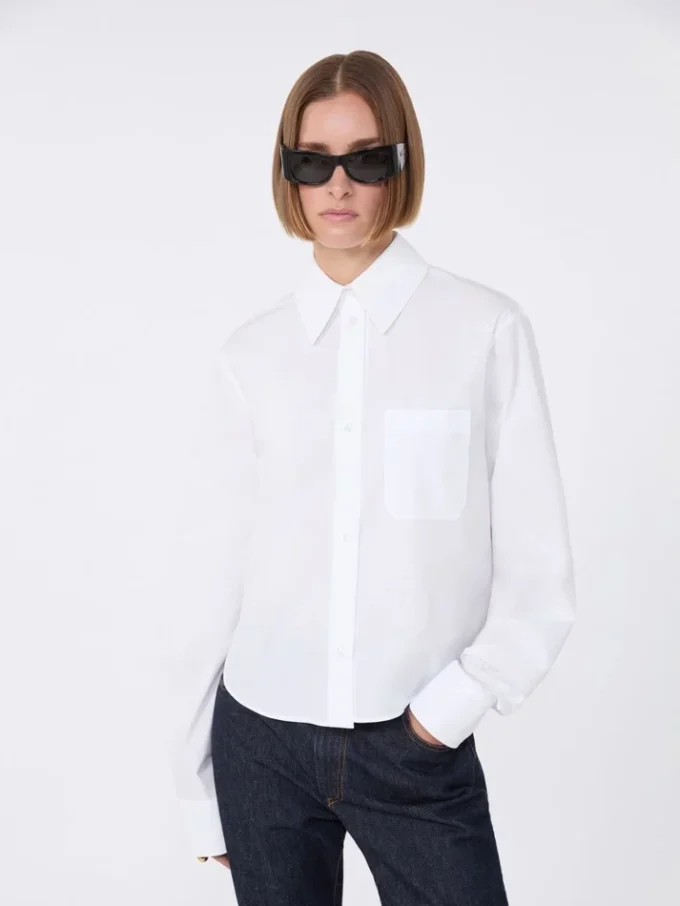 Camisa corta de algodón con pliegues en la espalda, blanco óptico Camisa corta de algodón con pliegues en la espalda, blanco óptico