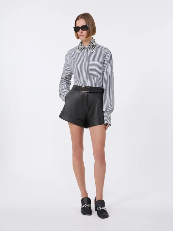 Camisa corta de popelín a rayas, negra Camisa corta de popelín a rayas, negra