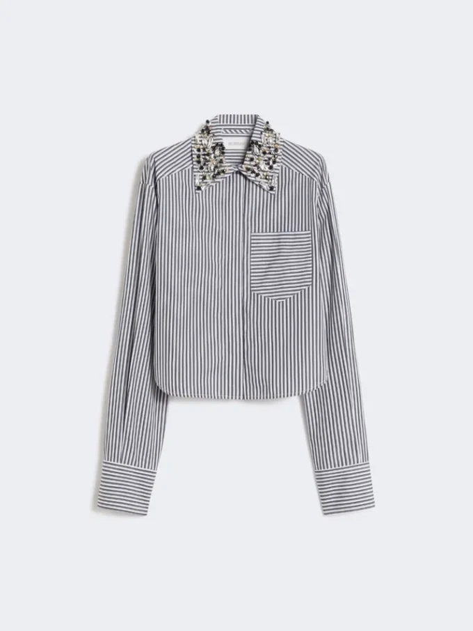 Camisa corta de popelín a rayas, negra Camisa corta de popelín a rayas, negra