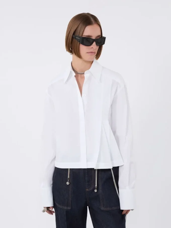Camisa corta de popelín con pliegues asimétricos, blanco óptico Camisa corta de popelín con pliegues asimétricos, blanco óptico