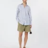 Camisa de algodón a rayas con encaje de ojales, azul marino