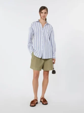 Camisa de algodón a rayas con encaje de ojales, azul marino