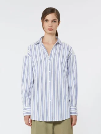 Camisa de algodón a rayas con encaje de ojales, azul marino