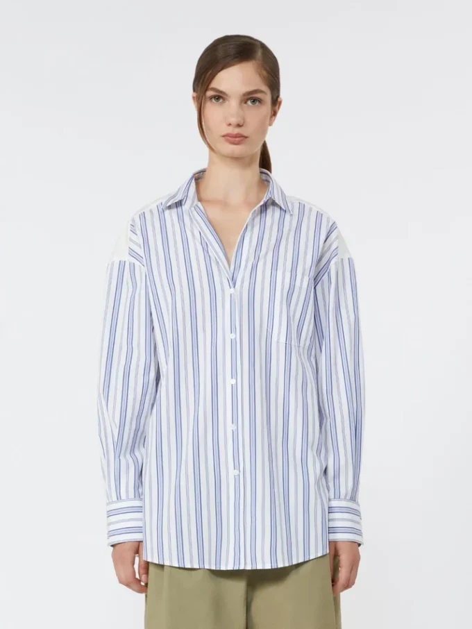 Camisa de algodón a rayas con encaje de ojales, azul marino