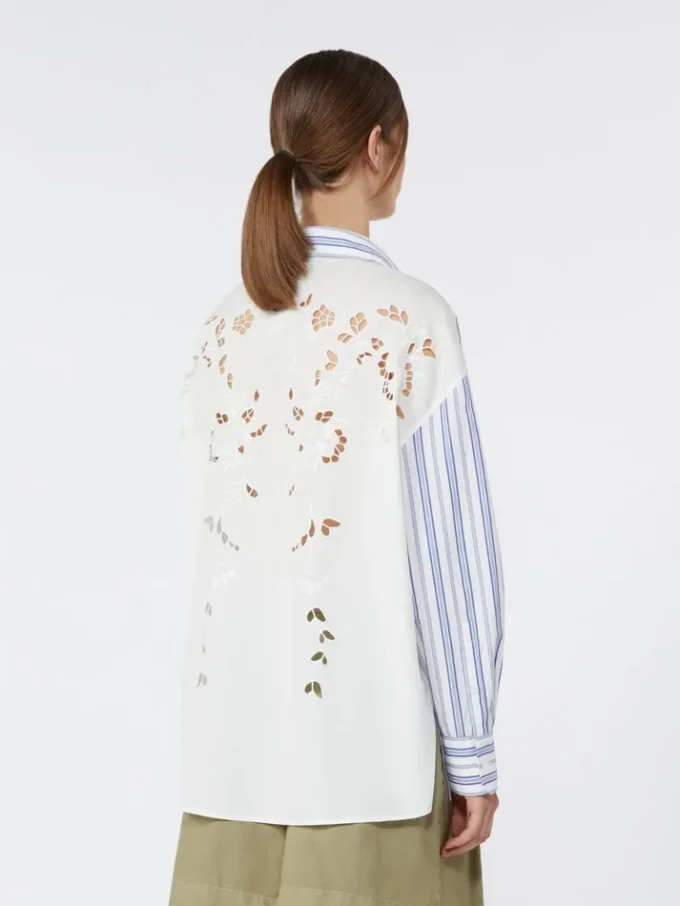 Camisa de algodón a rayas con encaje de ojales, azul marino