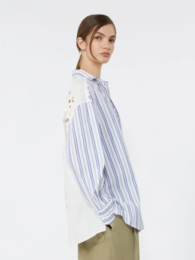 Camisa de algodón a rayas con encaje de ojales, azul marino