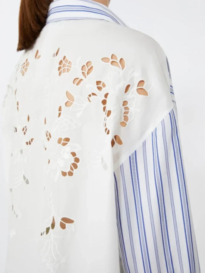 Camisa de algodón a rayas con encaje de ojales, azul marino
