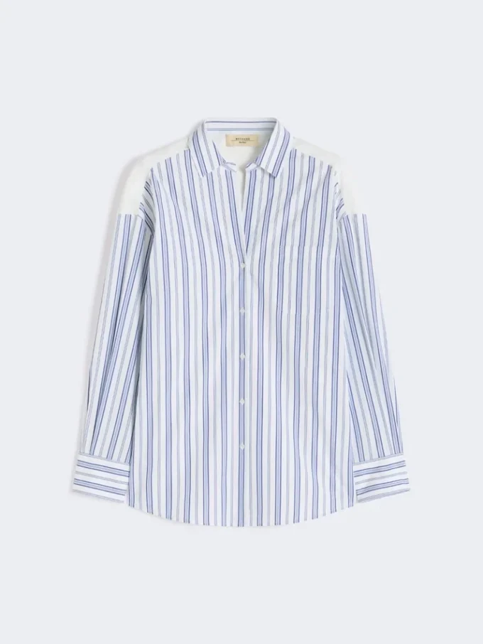 Camisa de algodón a rayas con encaje de ojales, azul marino