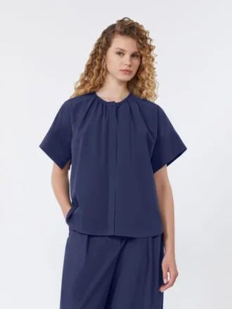 Camisa de cuello redondo de popelín de algodón, azul marino