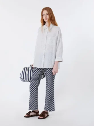 Camisa de lona de lino a rayas, azul marino