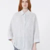 Camisa de lona de lino a rayas, azul marino Camisa de lona de lino a rayas, azul marino