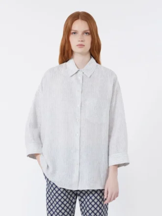 Camisa de lona de lino a rayas, azul marino
