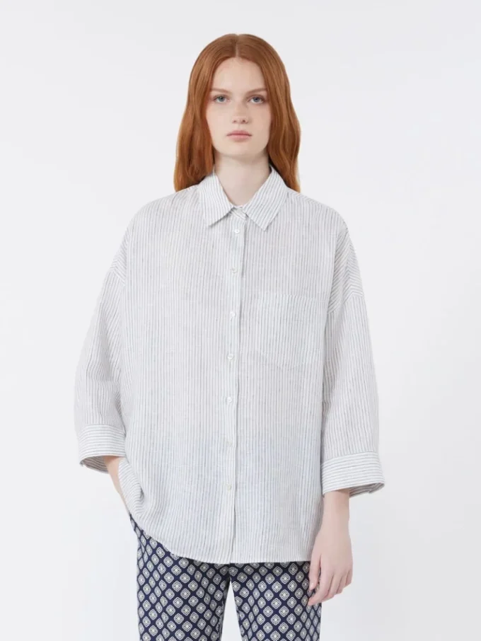 Camisa de lona de lino a rayas, azul marino Camisa de lona de lino a rayas, azul marino